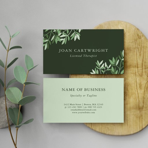 Customizable Calm Dark Green Greenery Leaves - Therapist Business Card