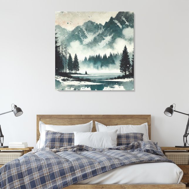 Calm Foggy Lake Landscape with Red Sunset Accent Canvas Print (Insitu(Bedroom))