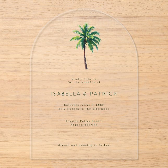 Calm Green Palm Tree Acrylic Invitations (Front)