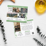 Calm Greenery Photo Collage Logo QR Promo Flyer<br><div class="desc">Greenery marketing flyer with your logo, four photos and your custom text on one side, and another photo, QR code and more custom text on the other side with green as an accent color with greenery sprigs in soft shades of green. Marketing flyer for a life coach, wellness business, therapist,...</div>