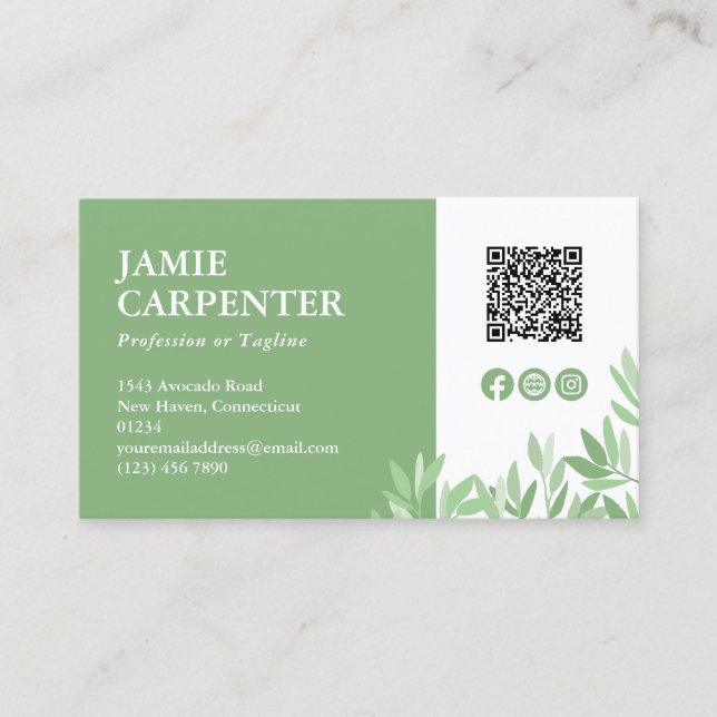 Calm Greenery QR Code Photo Social Media Icons Business Card (Front)
