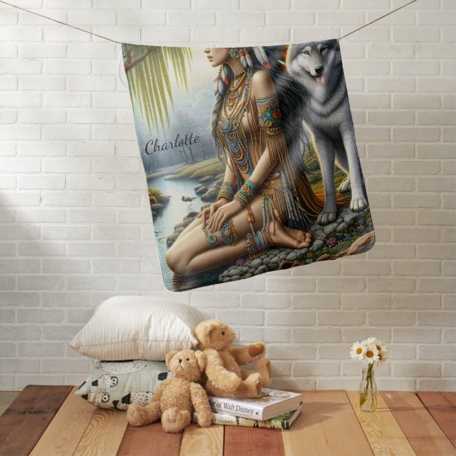 Calm Indian woman with wolf by river Baby Blanket (In Situ)