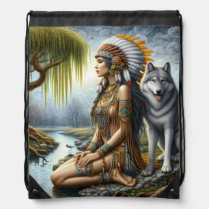 Calm Indian woman with wolf by river Drawstring Bag