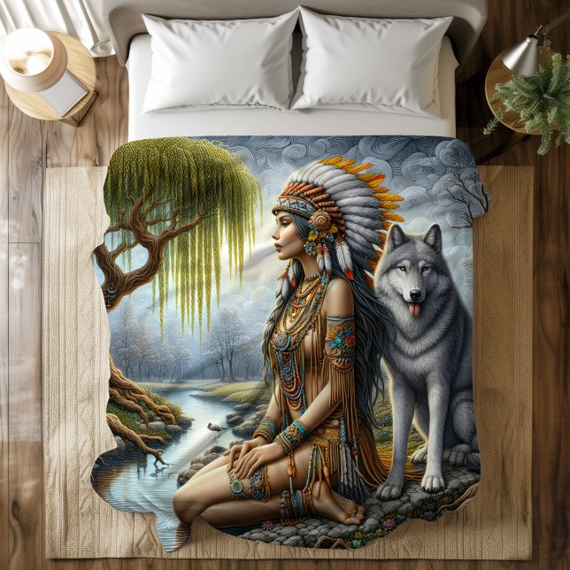 Calm Indian woman with wolf by river Duvet Cover (Creator Uploaded)