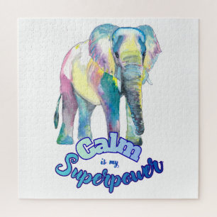Calm Is My Superpower – Colorful Watercolor Eleph Jigsaw Puzzle