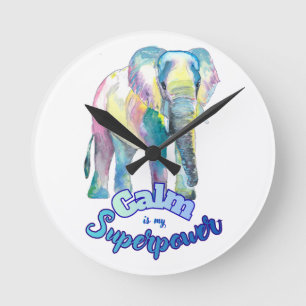 Calm Is My Superpower – Colorful Watercolor Eleph Round Clock