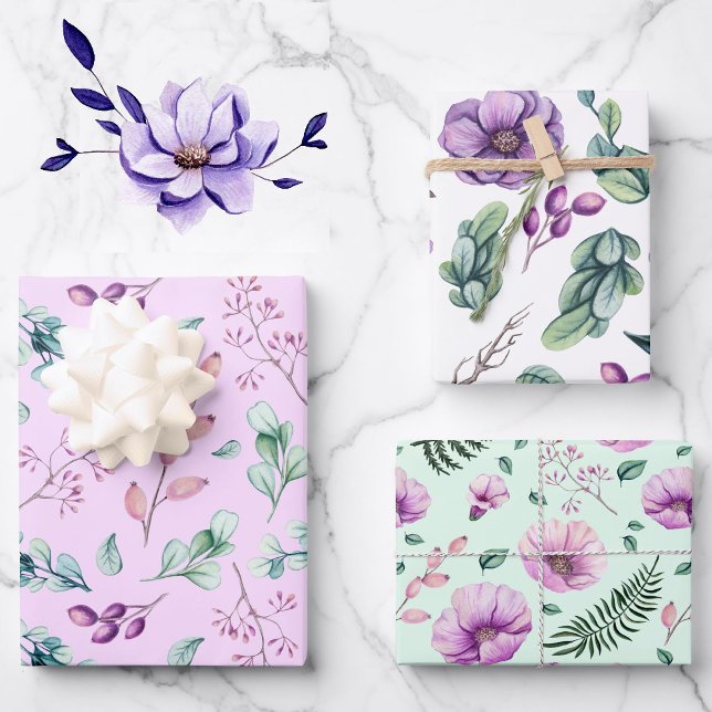 Calm Lavender & Green Floral 3 Coordinates Wrapping Paper Sheets (Creator Uploaded)