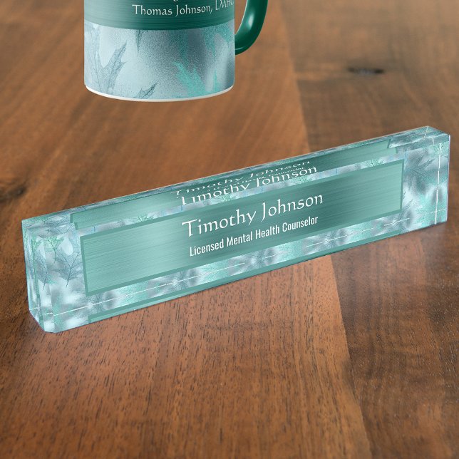 Calm Leafy Teal Shimmer PsychotherapIst Counselor Desk Name Plate (Creator Uploaded)
