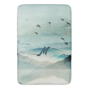 Calm Monogrammed Nature Watercolor Mountain Scene Bath Mat