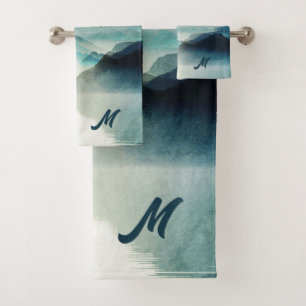 Calm Monogrammed Nature Watercolor Mountain Scene Bath Towel Set