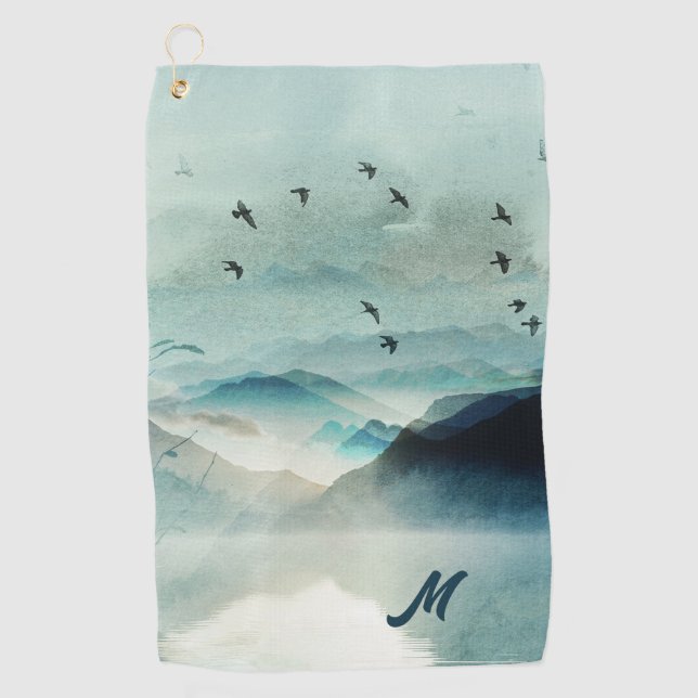 Calm Monogrammed Nature Watercolor Mountain Scene  Golf Towel (Front)