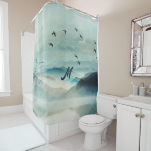 Calm Monogrammed Nature Watercolor Mountain Scene Shower Curtain