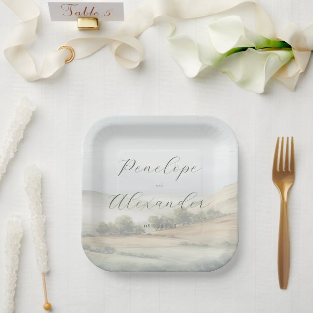 Calm Muted Green Landscape Paper Plates (Wedding)