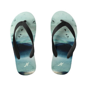 Calm Nature Watercolor Mountain Scene Monogrammed Kid's Flip Flops