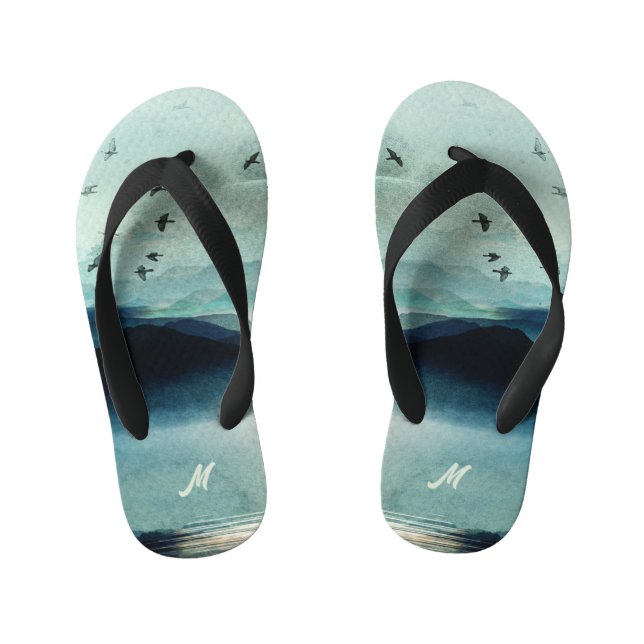 Calm Nature Watercolor Mountain Scene Monogrammed  Kid's Flip Flops (Footbed)