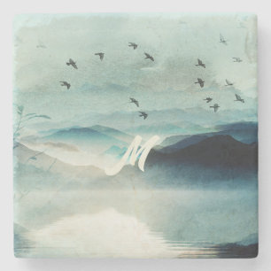 Calm Nature Watercolor Mountain Scene Monogrammed Stone Coaster