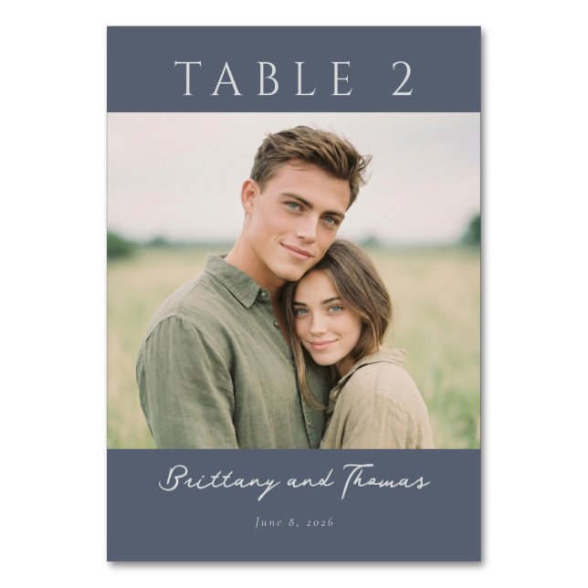 Calm Navy Minimalist Photo Table Number (Front)