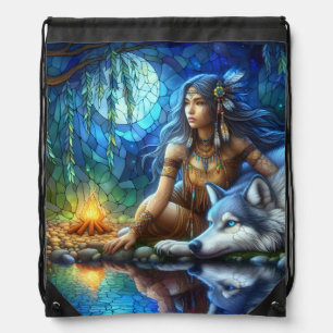 Calm night by river with Native and wolf Drawstring Bag