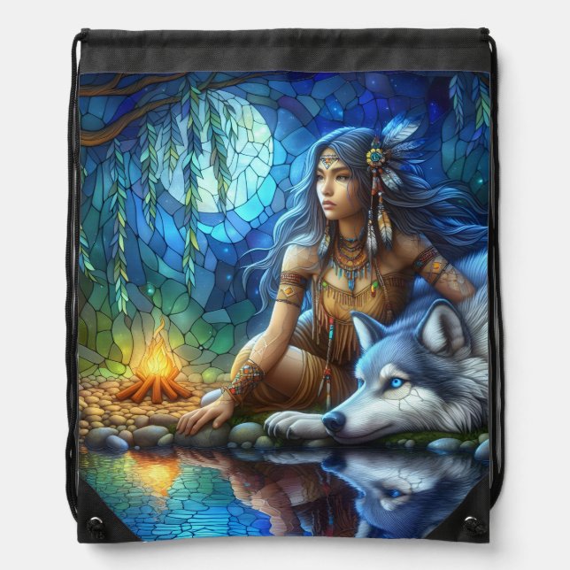 Calm night by river with Native and wolf Drawstring Bag (Front)