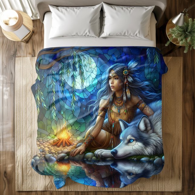Calm night by river with Native and wolf Duvet Cover (Creator Uploaded)
