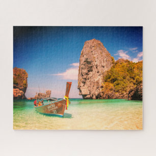 Calm Ocean Beach with Boat & Rocks or Your Photo Jigsaw Puzzle