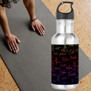 Calm Peace Freedom Rainbow Script Black Stainless Steel Water Bottle
