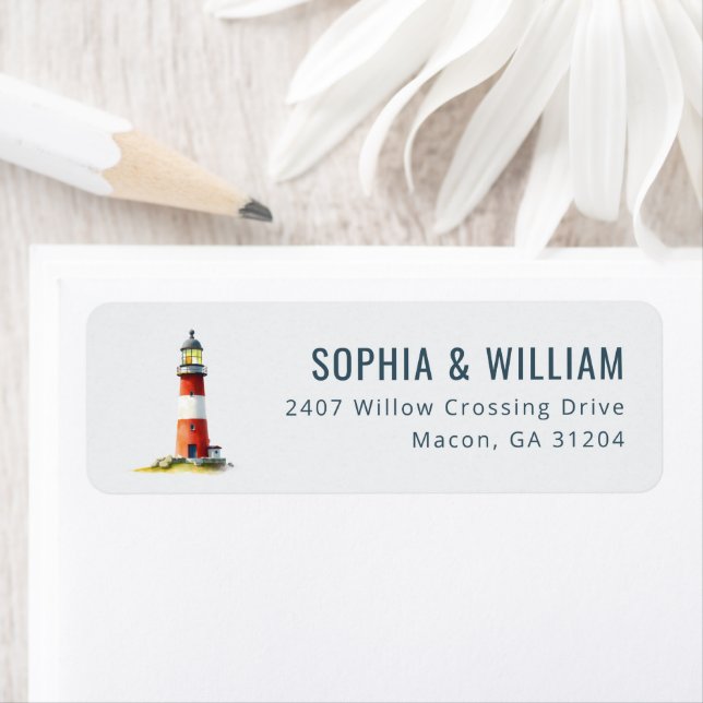 Calm Red White Minimalist Lighthouse Label (Insitu)