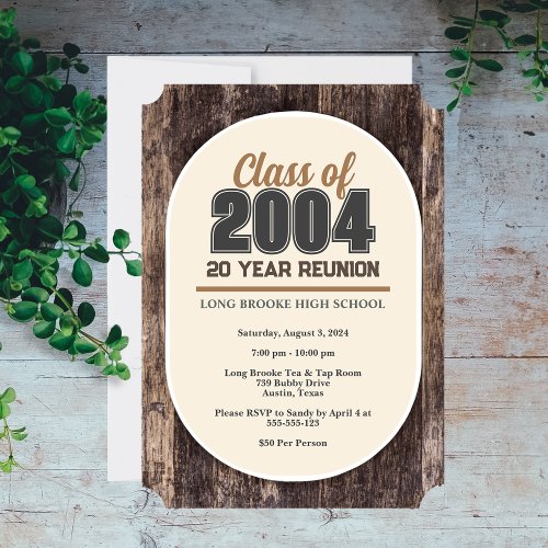 Calm Rustic Wood 20 Year High School Class Reunion Invitation