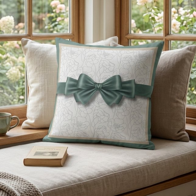 Calm Sage Sand Neutral Croquet Bow Decor Throw Pillow (Find your zen with the peaceful sage green and sand tones of our ribbon motif pillow)