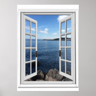 Calm Sea View Trompe l'oeil Fake Window Poster