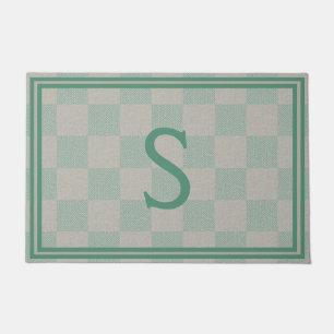 Calm Seafoam Green Gray Plaid Monogram Doormat