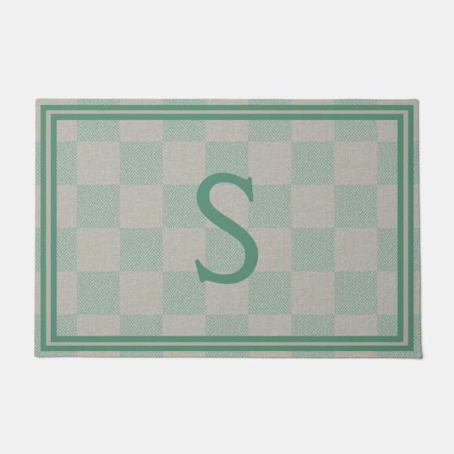 Calm Seafoam Green Gray Plaid Monogram Doormat (Front)