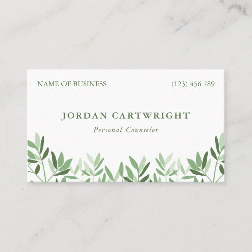 Calm Soft Greenery Leaves Therapist Counselor Business Card