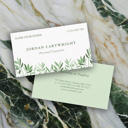 Calm Soft Greenery Leaves Therapist Counselor Business Card