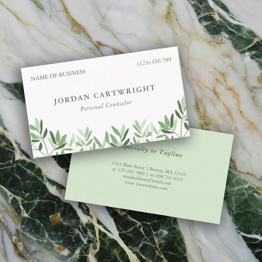Customizable Calm Soft Greenery Leaves Therapist Counselor Business Card
