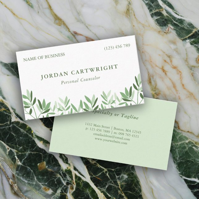 Calm Soft Greenery Leaves Therapist Counselor Business Card (Creator Uploaded)