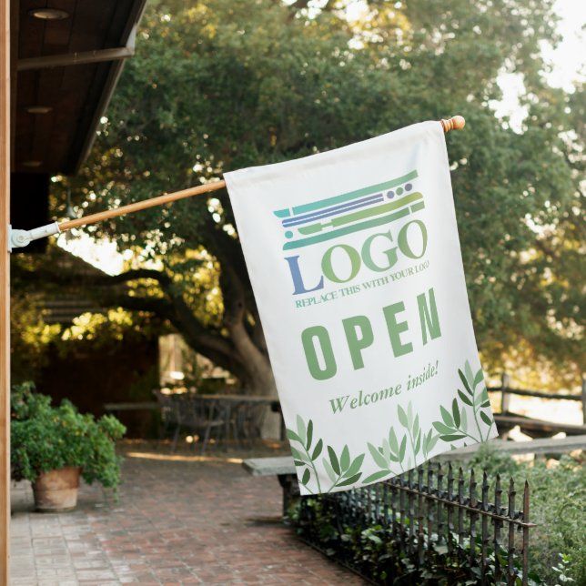 Calm Soft Greenery Leaves Your Logo Open House Flag (In SItu)