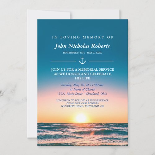 Calm Sunset Anchor Nautical Memorial Service  Invi Invitation