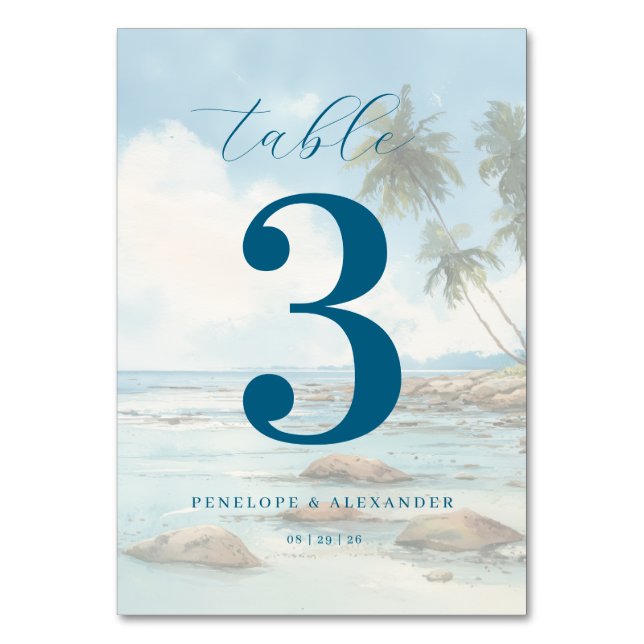 Calm Teal Beach Scene Table Number (Front)