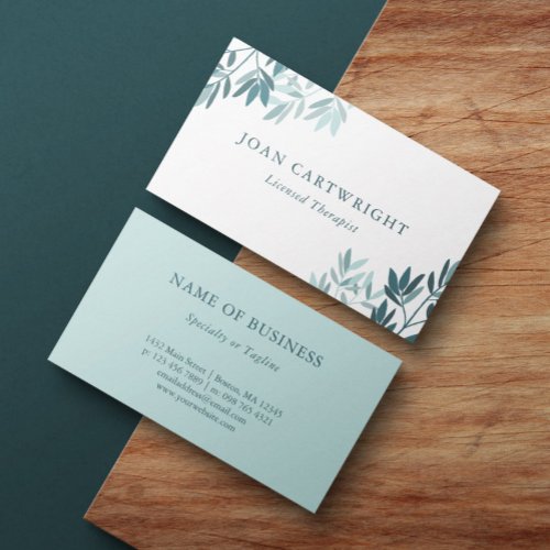 Calm Teal Greenery Leaves _ Therapist Business Card