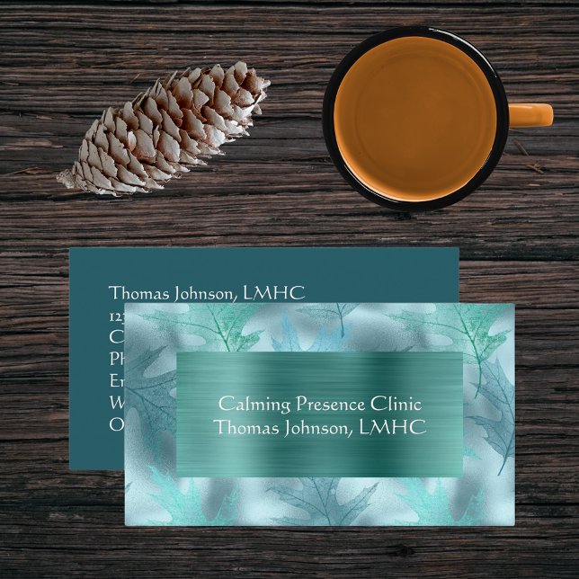 Calm Teal Leafy Shimmer Psychotherapy or Counselor Business Card (Creator Uploaded)