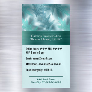 Calm Teal Leafy Shimmer Psychotherapy or Counselor Business Card Magnet