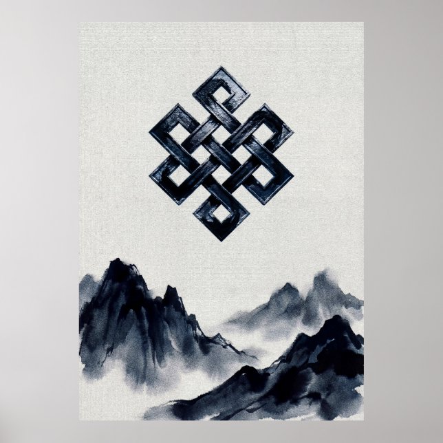Calm Traditional Ink Wash Mountains Endless Knot Poster (Front)