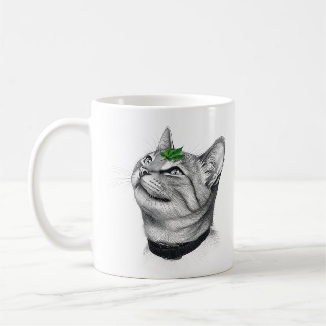 Calm White Minimal Cat Leaf Aesthetic Drawing pfp Coffee Mug (Left)