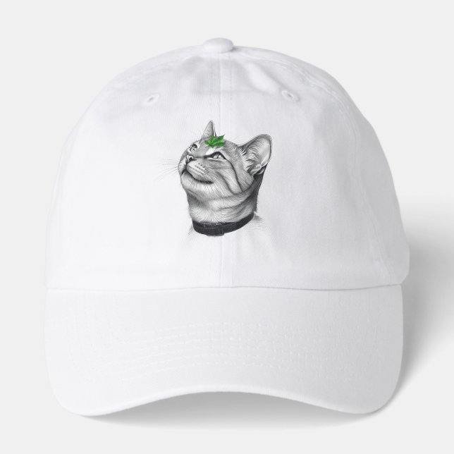 Calm White Minimal Cat Leaf Aesthetic Drawing pfp Hat (Front)