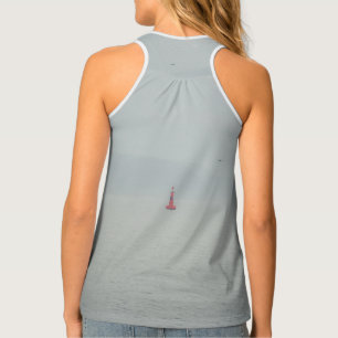 Calm winter sea and red lighthouse tank top