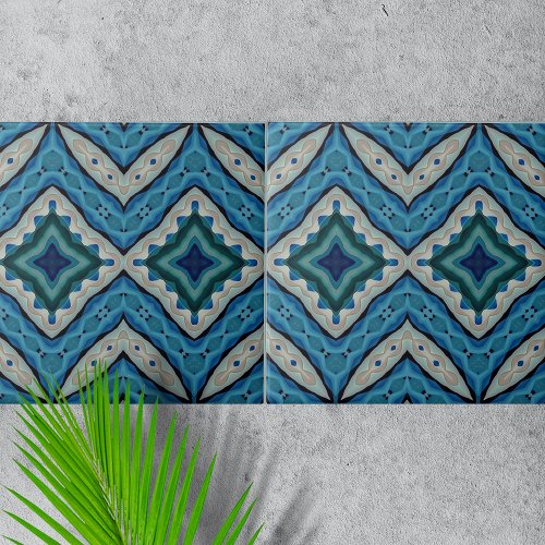 Calming Blue and Beige Mosaic Geometric Pattern Ceramic Tile