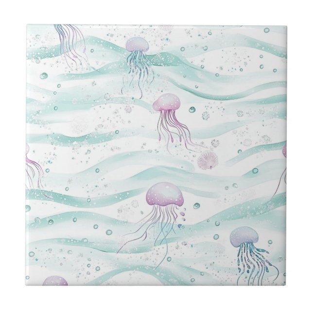 Calming Jellyfish Ocean Pattern Ceramic Tile (Front)