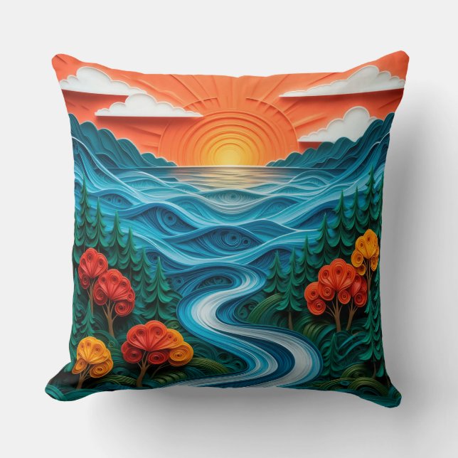 🌅✨ Calming Serene Sunset Paper Art Coastal Glow Throw Pillow (Front)