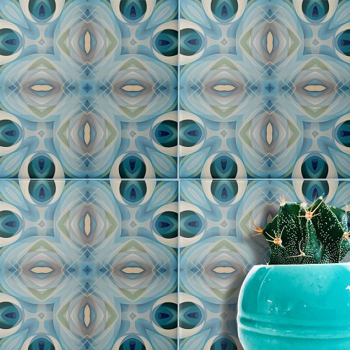 Calming Soft Blue and Indigo Geometric Pattern Ceramic Tile